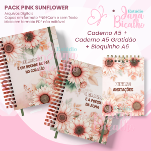 PACK Caderno Pautado A5+Caderno A5 Gratidão+Bloquinho Pink Sunflower