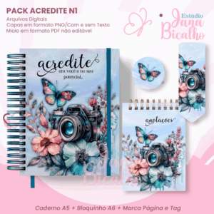 Caderno Pautado A5+Bloquinho A6 + Marca Página e Tag Acredite N1