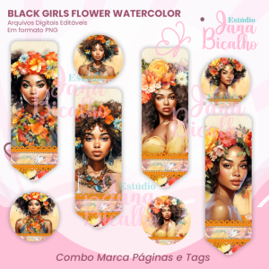 Combo Marca Páginas e Tags Black Girls Flower Watercolor
