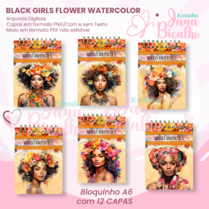 Bloquinho A6 Black Girls Flower Watercolor 12 em 1