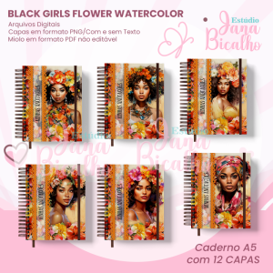 Caderno A5 Black Girls Flower Watercolor 12 em 1