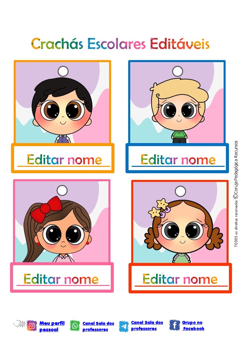 Crachás Editáveis Menino e Menina Crachás editáveis Crianças fofas @corujapedagogicarecursos