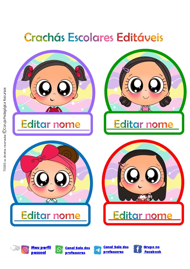 Crachás Editáveis Menino e Menina Crachás editáveis Crianças fofas @corujapedagogicarecursos