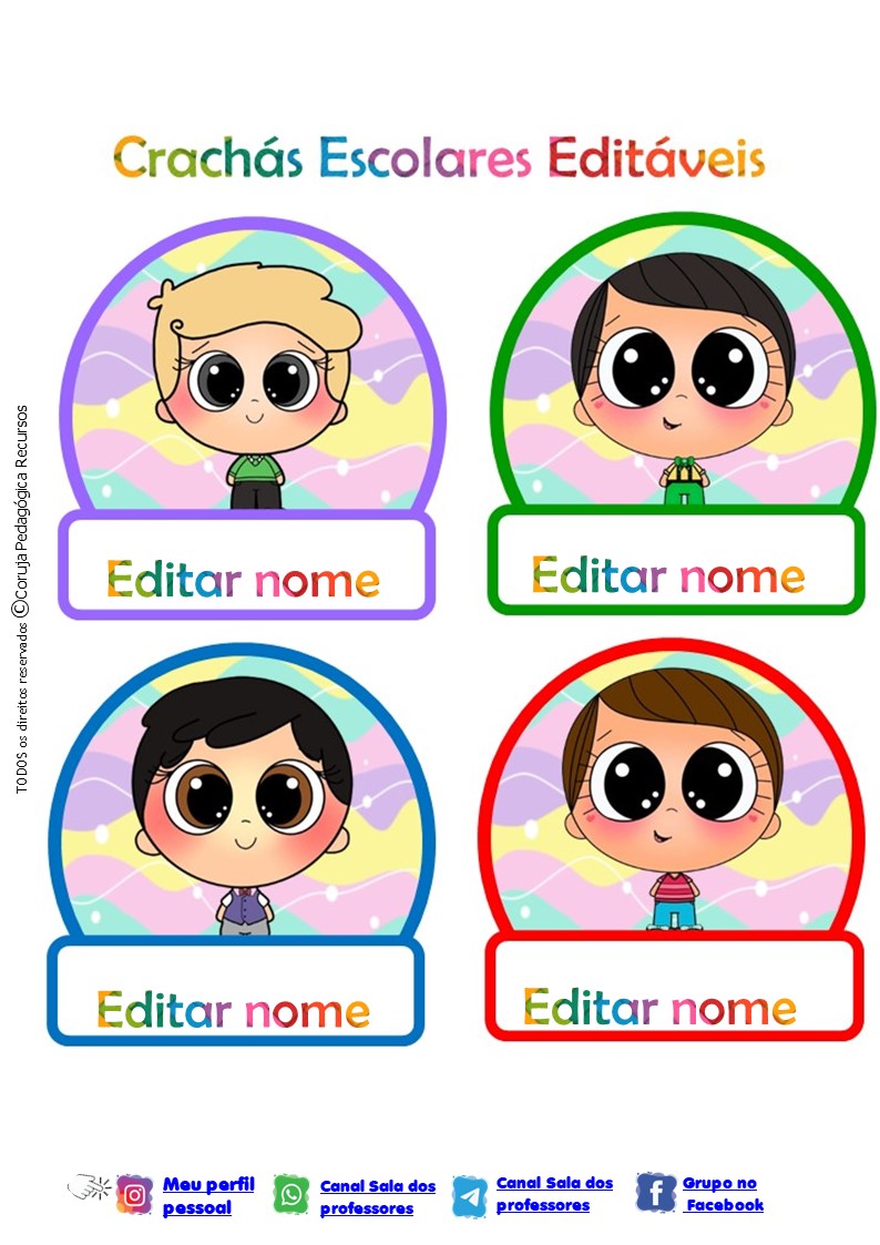 Crachás Editáveis Menino e Menina Crachás editáveis Crianças fofas @corujapedagogicarecursos