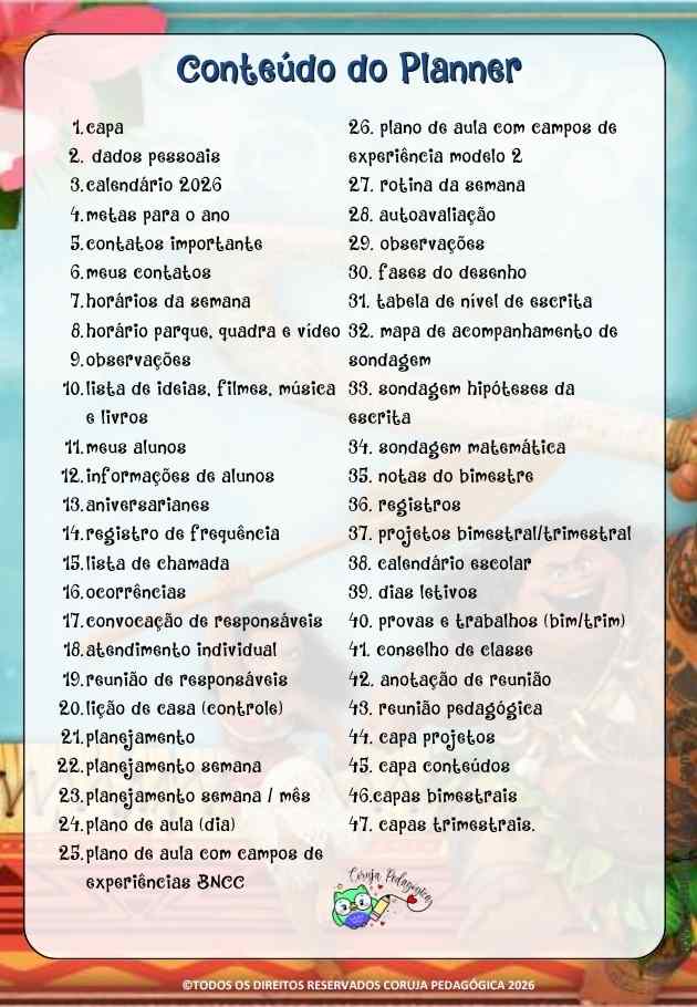 Moana Planner e Caderno de Planejamento para professores 2026 Moana Planner e Caderno Pedagógico 2026 @corujapedagogica